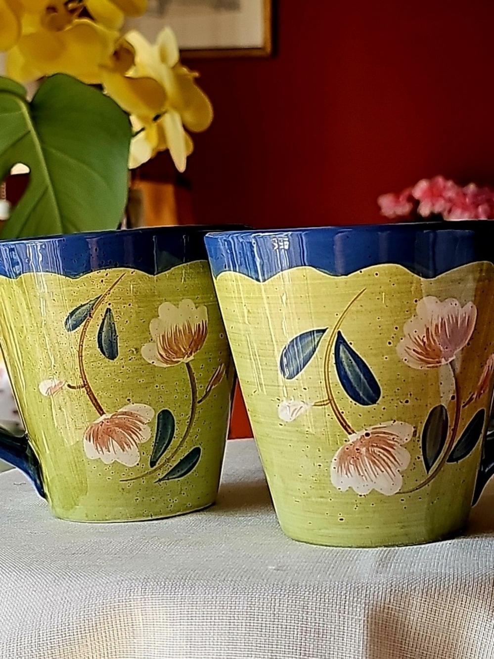 2 Pfaltzgraff "TUSCANY" green and blue Mug hand-painted stoneware